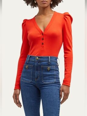 Veronica Beard Red Puff Sleeve Fitted Blouse Size Medium